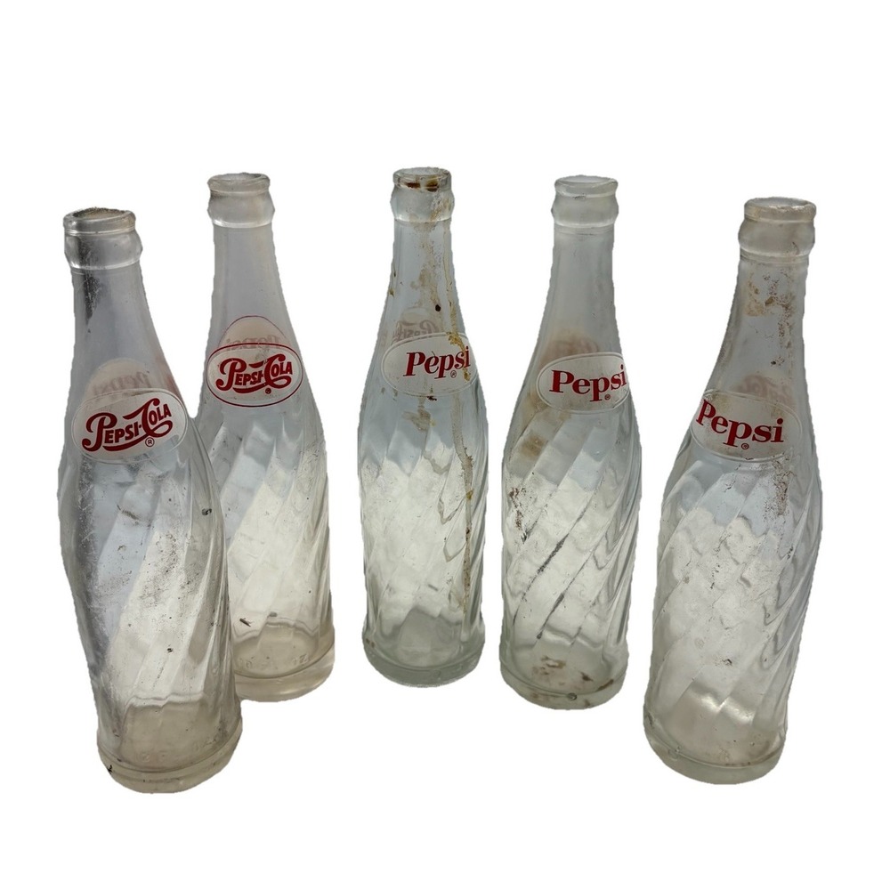Vintage Pepsi Cola Swirl Glass Soda Bottles Lot of 6 - 10 & 12 oz Clear Retro